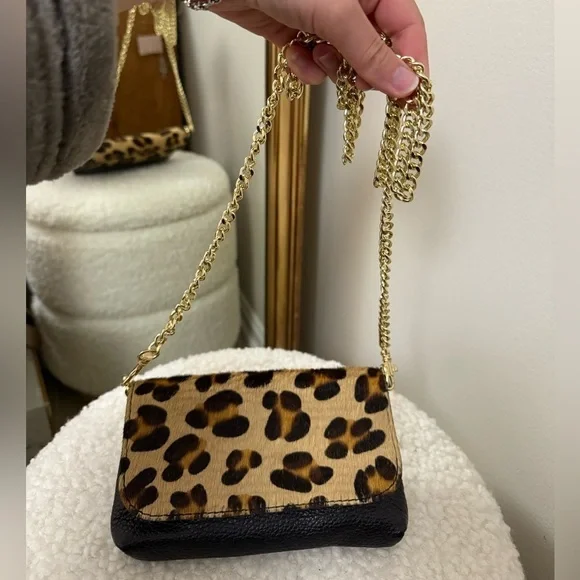 Genuine leather calf hair made in Italy Leopard Print  gold Chain Shoulder Bag - Picture 2 of 10